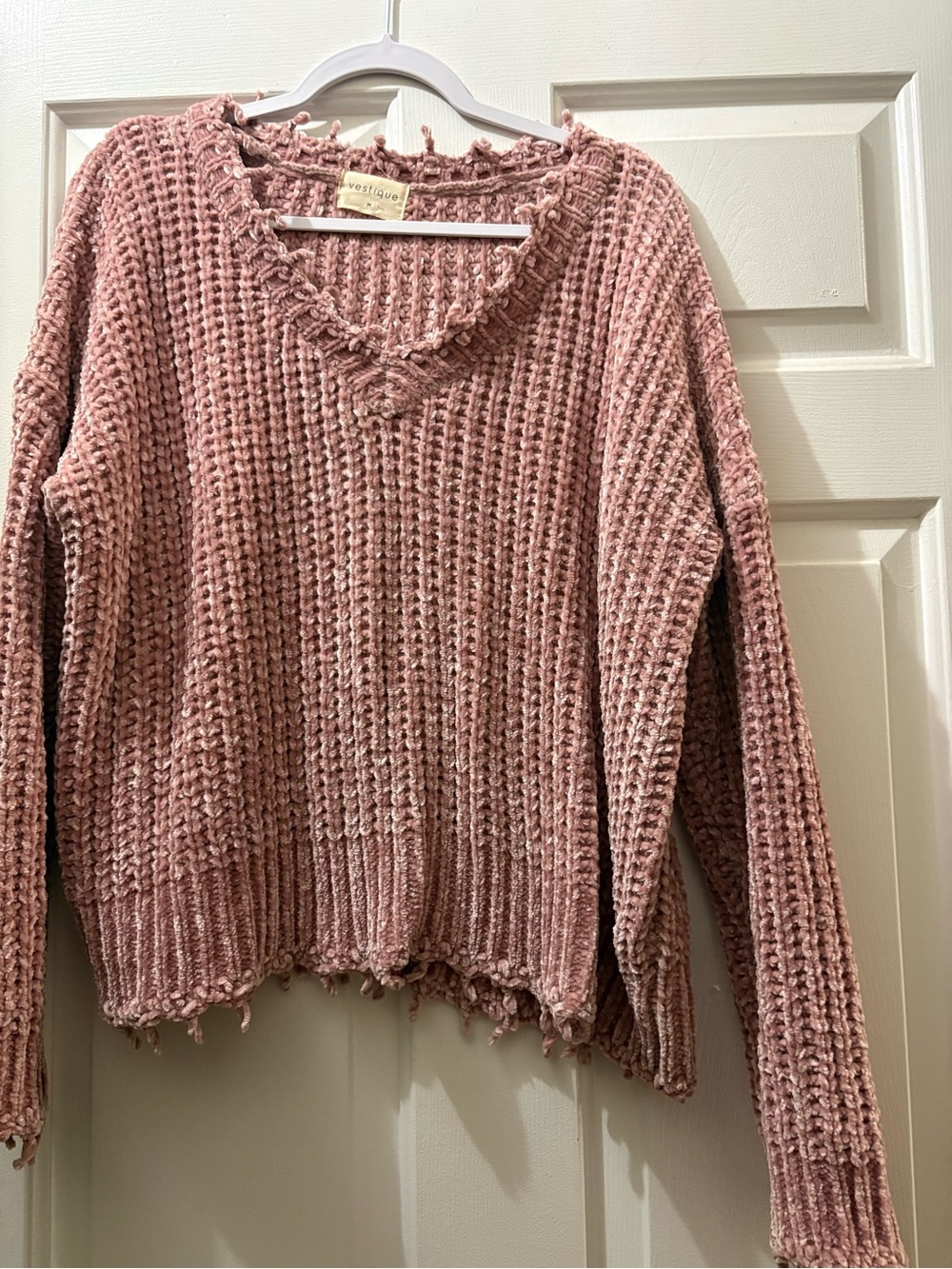 vestique Rose Pink Off-the-Shoulder Waffle-Knit Sweater